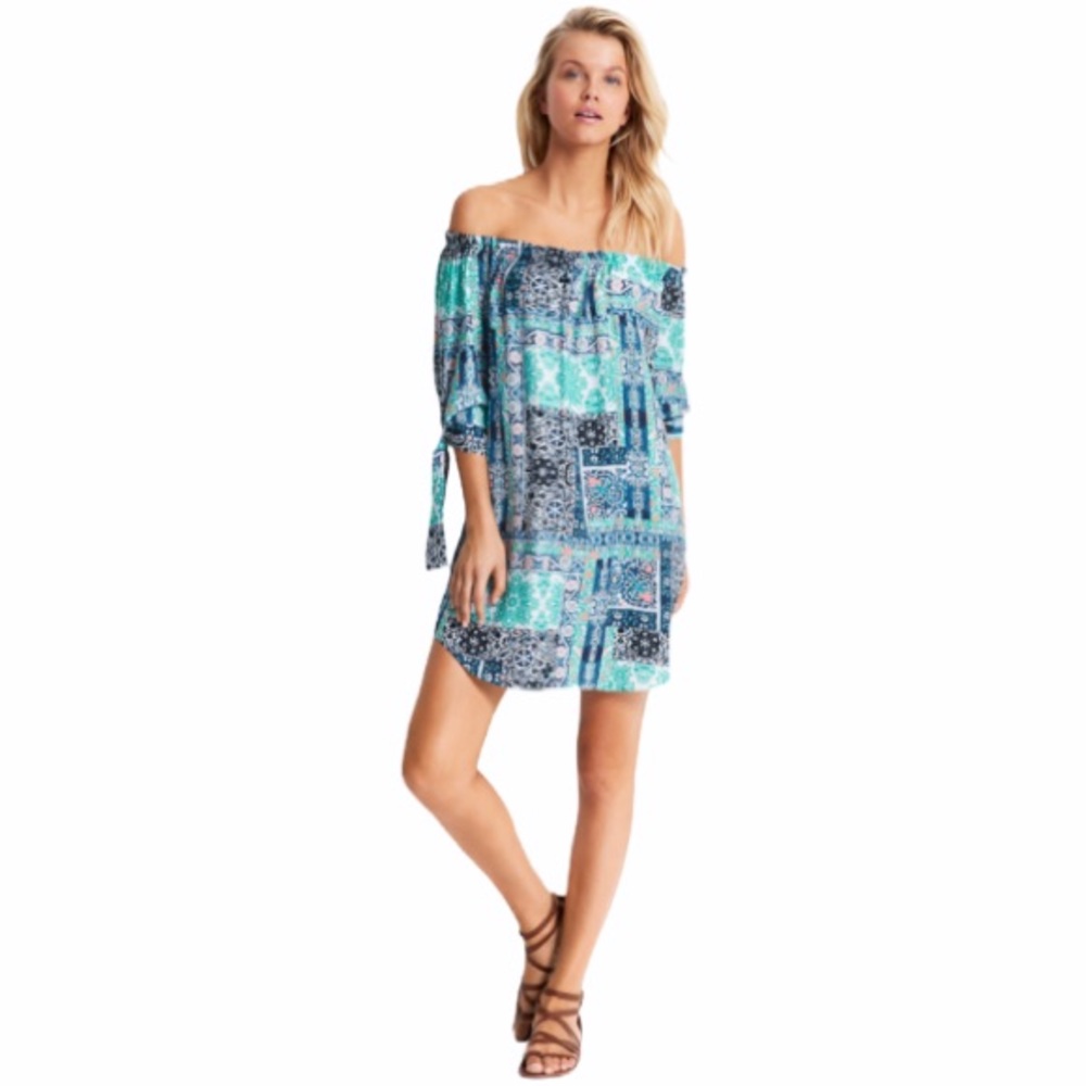 Seafolly Blue Multicolored Printed Silk Road Off Shoulder Dress